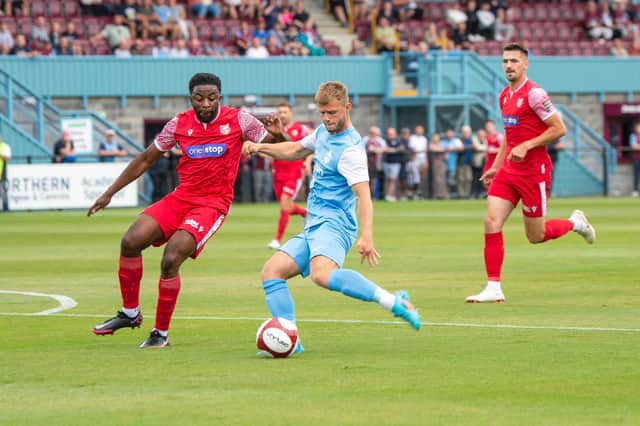 Kieran Weledji, left, pictured in action at South Shields, scored the winner against Marske United
Photo by Craig McNair - D Event Photography