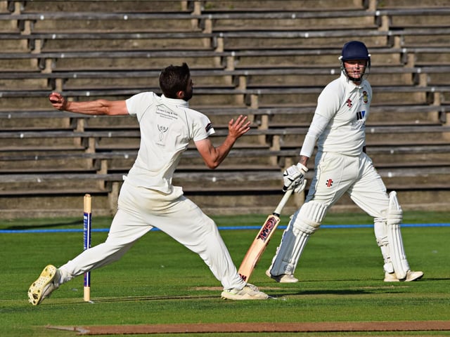 Pickering bowler Luke Shepherd steams in