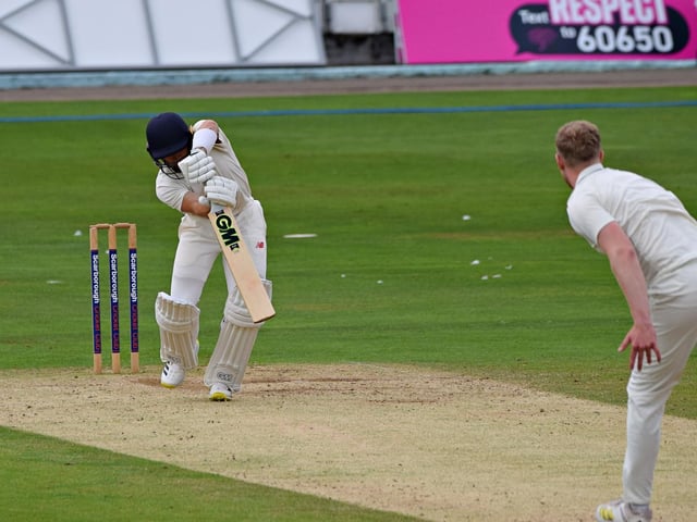 Scarborough batter Breidyn Schaper is beaten by Harrogate paceman Jonathan Macgregor