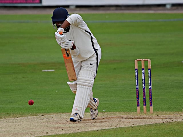 Harrogate batter Arjun Ramkumar plays with a straight bat