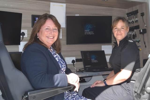 Police, Fire and Crime Commissioner Zoë Metcalfe and Assistant Chief Constable Lindsey Butterfield check out the state-of-the-art digital forensic equipment contained in the van.