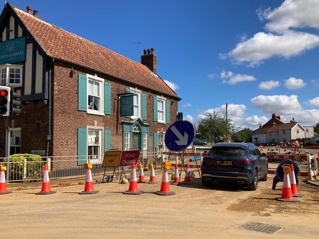 The A64 has been closed outside The Coach and Horses pub in Rillington