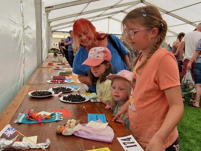 Elsie, Violet and Freya from Bridlington survey the carrot people with their grandmother Theresa