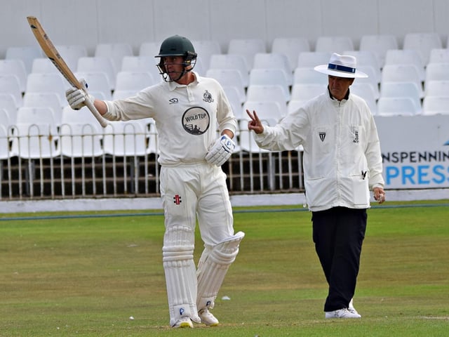 Pat Roberts celebrates his second half-century of the weekend for Scarborough