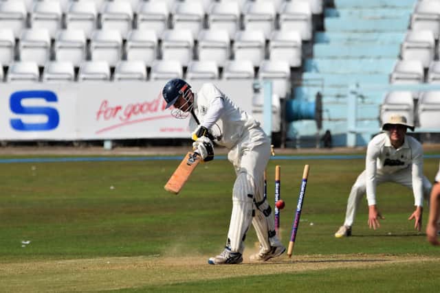 Scarborough's Tom Bussey is clean-bowled by York paceman Jonathan Moxon