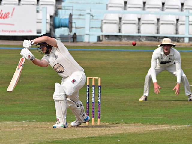 Home batter Duncan Brown is beaten by a good Jon Moxon delivery