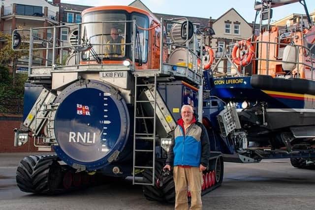 Malcolm Hastie, one of the original members of the Shannon Launch and Recovery System (SLARS) designers, paid a visit to Bridlington RNLI earlier this month in order to see the system in action. Photo: Mike Milner/RNLI