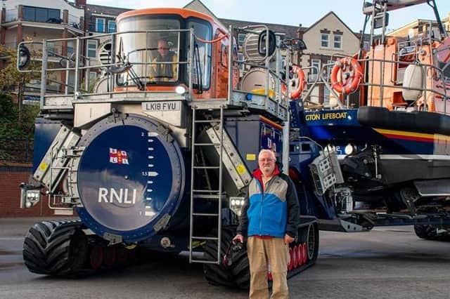 Malcolm Hastie, one of the original members of the Shannon Launch and Recovery System (SLARS) designers, paid a visit to Bridlington RNLI earlier this month in order to see the system in action. Photo: Mike Milner/RNLI
