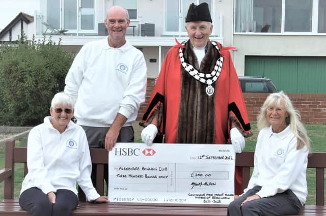 Bridlington Mayor Mike Heslop-Mullens presented Bridlington Alexandra Bowling Club with a cheque for £300 from Bridlington Town Small Grants Award to secretary Linda James, Lynne Mitchell (chair) and treasurer Alan Hutchinson.