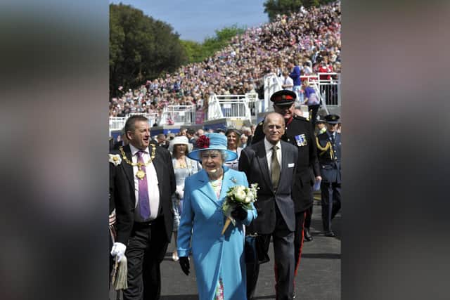 The Queen and Prince Philip at the Open Air Theatre in 2010, with Cllr Bill Chatt, the then mayor, on the left.