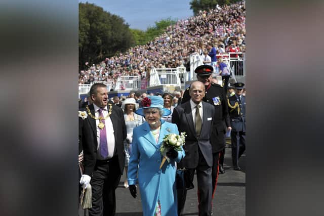 The Queen and Prince Philip at the Open Air Theatre in 2010, with Cllr Bill Chatt, the then mayor, on the left.