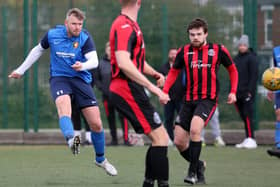 Sean Exley lets fly with a 25-yard effort that flew into the top corner. Picture: Alec Coulson