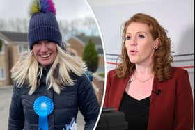 Left, Conservative Party co-chairman Amanda Milling on a visit to Yorkshire, and right, Labour deputy leader Angela Rayner, launching the party's local election campaign. Photos: CCHQ/PA