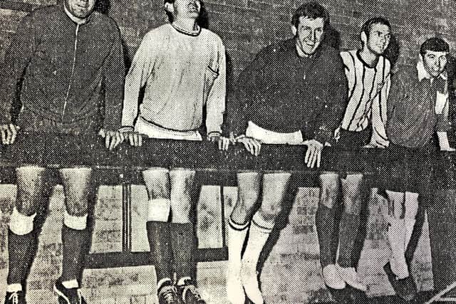 Indoor training ahead of the York City game, from left, Alan McCloy, Bobby Veart, Dave Rutherford, Terry Bartlett and Kevin Mulgrew