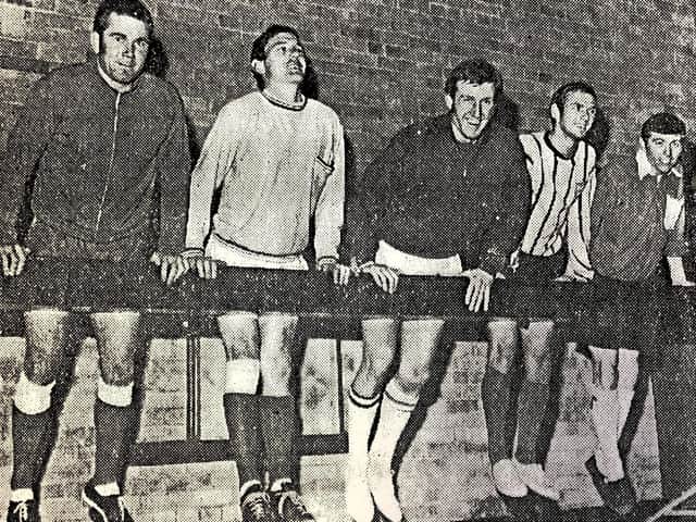Indoor training ahead of the York City game, from left, Alan McCloy, Bobby Veart, Dave Rutherford, Terry Bartlett and Kevin Mulgrew