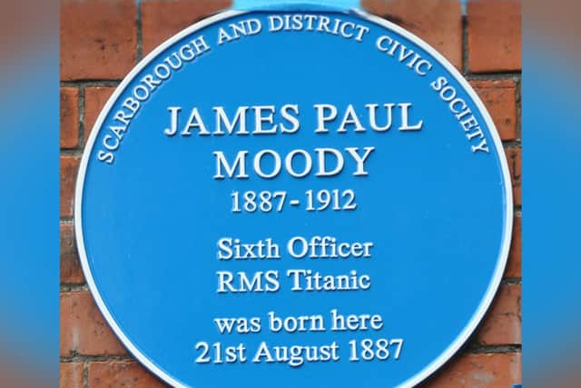 A close-up of the blue plaque for James Paul Moody in Scarborough.