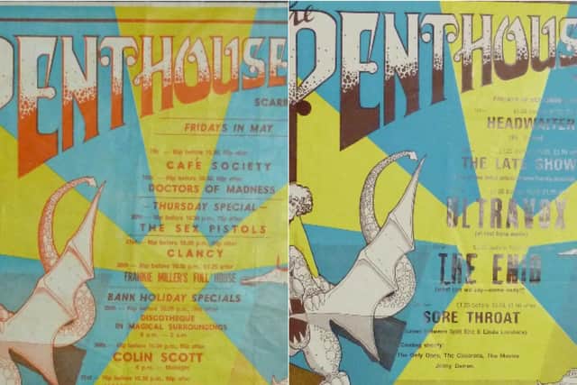 Posters featuring The Sex Pistols, left, and Ultravox.