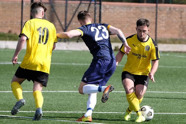 ON TARGET: Joel Ramm scored a stunning early strike in Trafalgar’s win over Yarm Town in the North Riding FA Sunday Challenge Cup at Pindar on Sunday. Picture: Richard Ponter