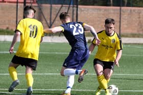 ON TARGET: Joel Ramm scored a stunning early strike in Trafalgar’s win over Yarm Town in the North Riding FA Sunday Challenge Cup at Pindar on Sunday. Picture: Richard Ponter