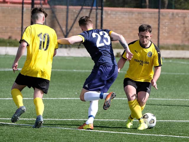 ON TARGET: Joel Ramm scored a stunning early strike in Trafalgar’s win over Yarm Town in the North Riding FA Sunday Challenge Cup at Pindar on Sunday. Picture: Richard Ponter