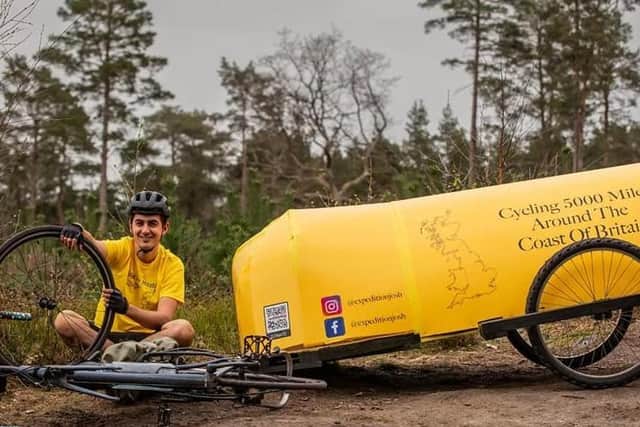 Josh Garman, 22, is towing a yellow, home-made bicycle camper behind him which he will sleep in as he tackles a five-month, 5,000 mile solo cycle for charity.