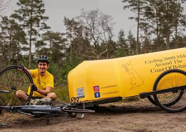 Josh Garman, 22, is towing a yellow, home-made bicycle camper behind him which he will sleep in as he tackles a five-month, 5,000 mile solo cycle for charity.
