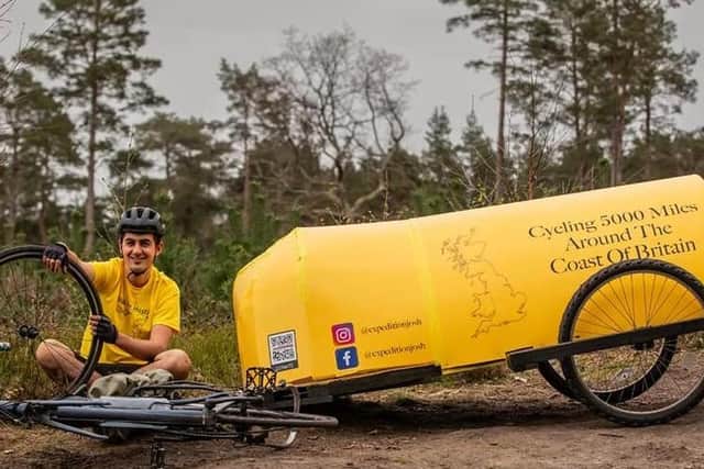 Josh Garman, 22, is towing a yellow, home-made bicycle camper behind him which he will sleep in as he tackles a five-month, 5,000 mile solo cycle for charity.