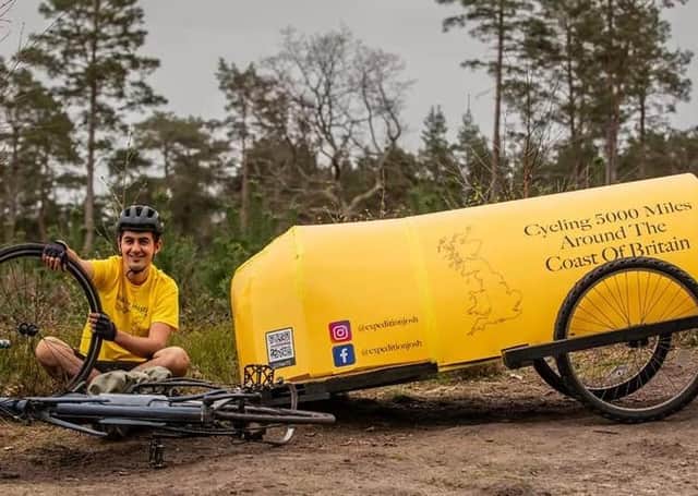 Josh Garman, 22, is towing a yellow, home-made bicycle camper behind him which he will sleep in as he tackles a five-month, 5,000 mile solo cycle for charity.