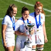 Scarborough's Zoe Aldcroft, Amy Cokayne and Harriet Millar-Mills of England pose with the Six Nations Trophy 

(Photo by David Rogers/Getty Images)