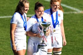 Scarborough's Zoe Aldcroft, Amy Cokayne and Harriet Millar-Mills of England pose with the Six Nations Trophy 

(Photo by David Rogers/Getty Images)