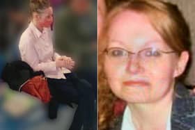 Sarah is believed to be wearing jeans, a light-coloured blouse top and brown flat boots. She may be carrying a red bag.