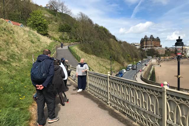 Host Fern Britton shoots an introductory piece, with the Grand Hotel in the background.
