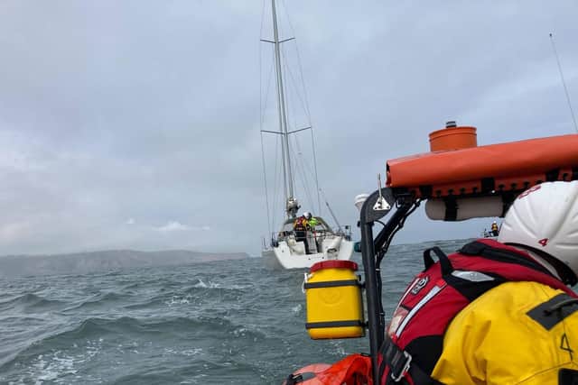 Staithes and Runswick RNLI and Runswick Bay Rescue Boat helped the yacht off Runswick Bay. Photo by Runswick Bay Rescue Boat.