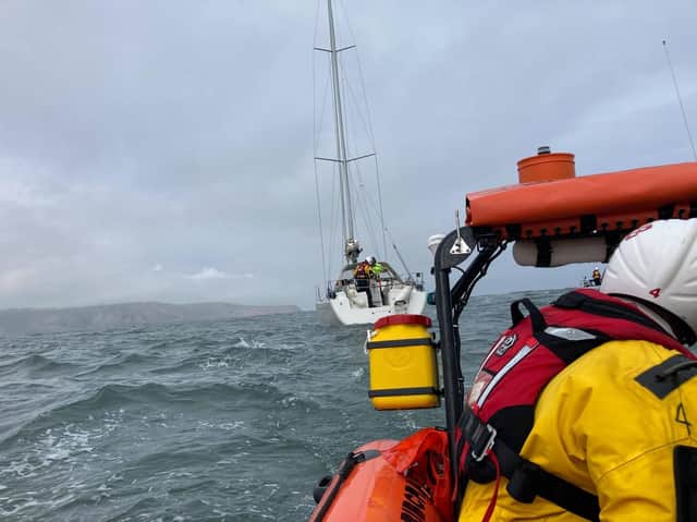 Staithes and Runswick RNLI and Runswick Bay Rescue Boat helped the yacht off Runswick Bay. Photo by Runswick Bay Rescue Boat.