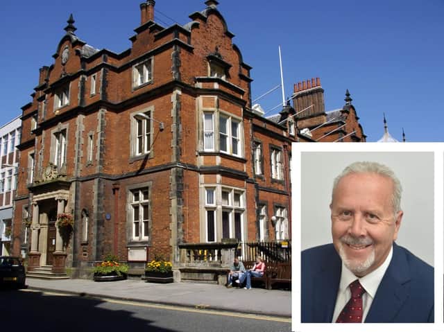 Scarborough Town Hall with Cllr Steve Siddons, inset.