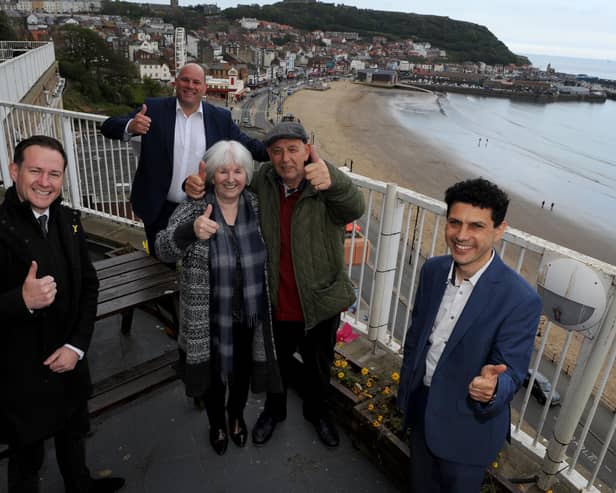 James Mason, CEO of Welcome to Yorkshire, left, Andy Freeth, CEO of National Holidays, back, Maureen Earnshaw and Danny Henry from Huddersfield and Alex Sobel, Shadow Minister for Tourism and Heritage.