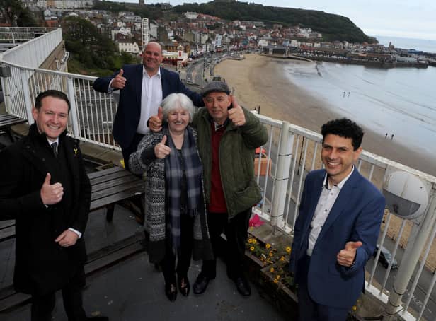 James Mason, CEO of Welcome to Yorkshire, left, Andy Freeth, CEO of National Holidays, back, Maureen Earnshaw and Danny Henry from Huddersfield and Alex Sobel, Shadow Minister for Tourism and Heritage.