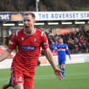 James Walshaw celebrates a goal against Whitby Town at the flamingo Land Stadium.