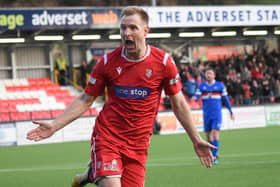 James Walshaw celebrates a goal against Whitby Town at the flamingo Land Stadium.