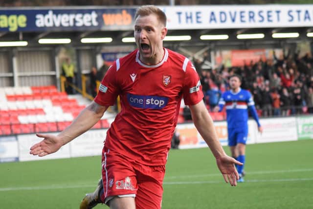 James Walshaw celebrates a goal against Whitby Town at the flamingo Land Stadium.