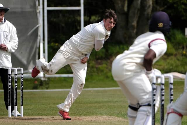Elliot Hatton, above in bowling action, top-scored with 78 in Folkton & Flixton's loss against Welton