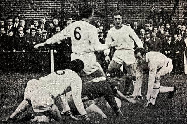 The incident that led to Whitby’s equalising penalty. On his knees is inside-right Bobby Veart, with Harry Dunn immediately behind. Covering the ball are Appleton, Sheppard and Laffey