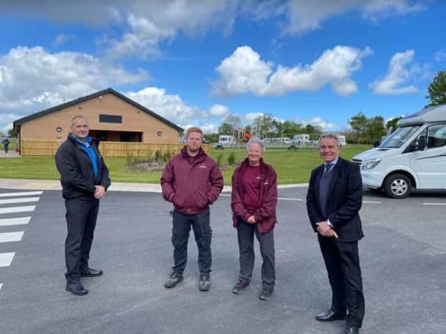 From left,: Phil Monkman, regional manager, Caravan and Motorhome Club, site managers Ryan Pickering and Lynn Hodgson and Robert Goodwill MP