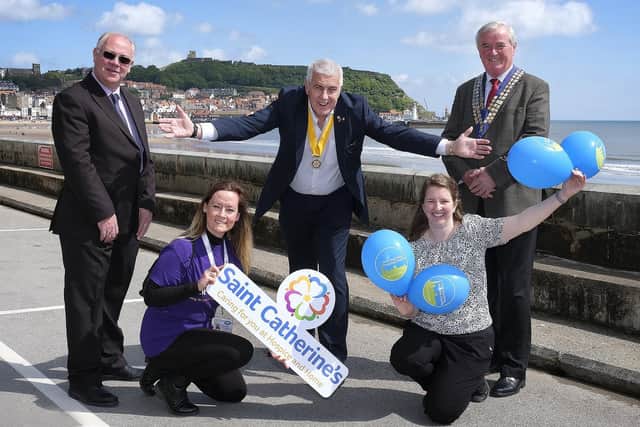 Graham Ibbotson from the YMCA, Susan Stephenson from St Catherine’s Hospice, incoming president Nigel Wood, Lucy Clegg representing Scarborough Hospital and outgoing president Roger Cannon.