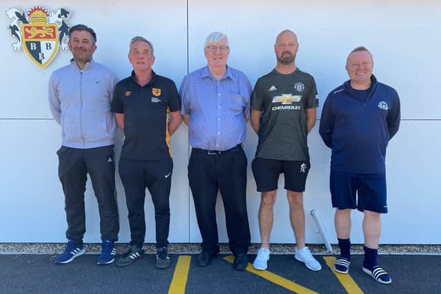 NEW PARTNERSHIP: Joining forces, are, from left, Andy Potts (Brid Rovers), club liasion officer John Kenney, Brid Town chairman Peter Smurthwaite, Brid Town Rovers boss Steve Lister and Jackdaws chairman Chris Kirkham