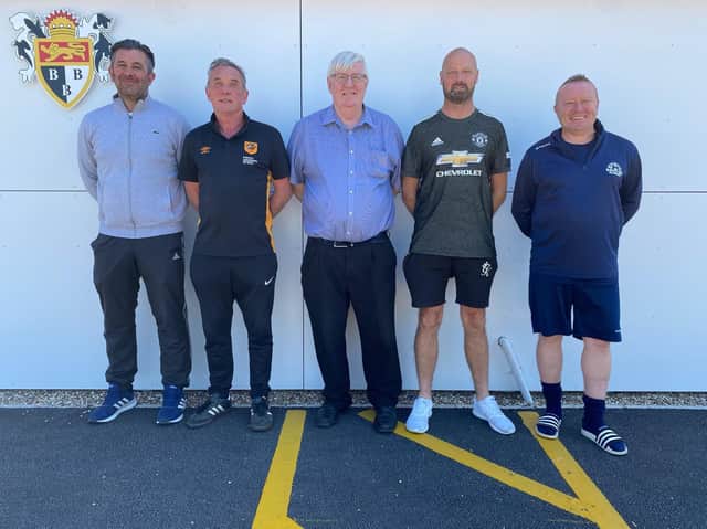NEW PARTNERSHIP: Joining forces, are, from left, Andy Potts (Brid Rovers), club liasion officer John Kenney, Brid Town chairman Peter Smurthwaite, Brid Town Rovers boss Steve Lister and Jackdaws chairman Chris Kirkham