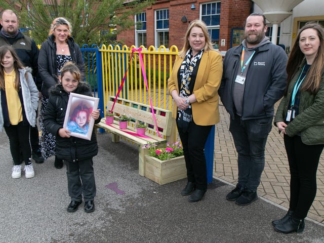 Back, parents Alan and Kelly Rogers, Friarage School headteacher Cheryl Cappleman, Beyond Housing Communities Advisor John Bateman and Community Connector Laura Young; front, Jessica’s school friend Holly Fisher with Jessica’s sister Daisy Rogers, holding a photo of Jessica. (Photo: Kevin Allen)