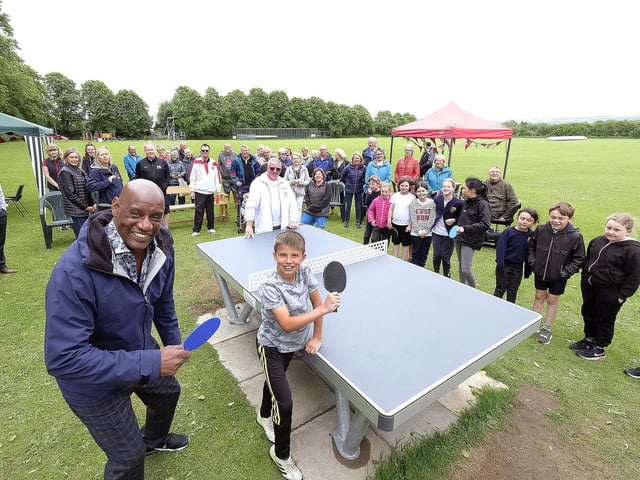 The Chase star Shaun Wallace opens the new outdoor table tennis table at Snainton
Photo by Richard Ponter