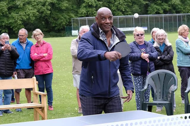 The Chase star Shaun Wallace playing a match on the new outdoor table tennis table at Snainton
Photo by Richard Ponter