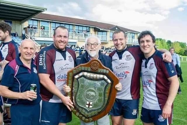 Dave Campbell, centre, with, from left, former coach Simon Smith, Matty Jones, Tom Ratcliffe and Tom Harrison after Scarborough RUFC’s Yorkshire Shield final win in 2018